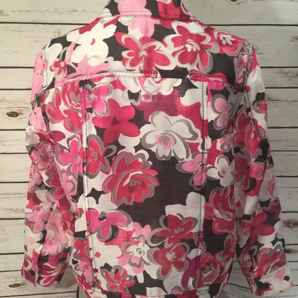 Lightweight Semi-Sheer Floral Zip Jacket Petite Med PM Pink Black White - Picture 6 of 8